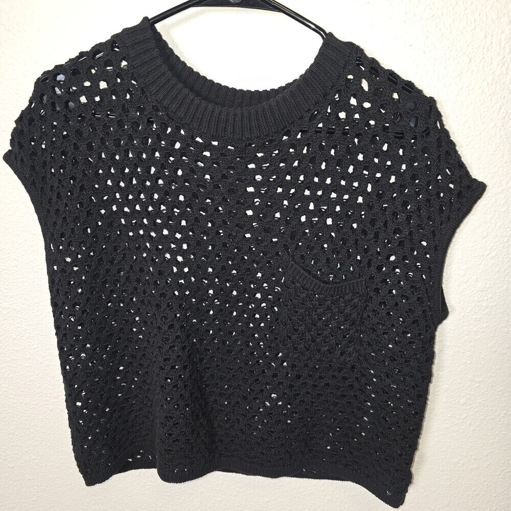 LNA Black Open Knit Crochet Sweater Top S Y2K Grunge Sheer Boxy Cropped